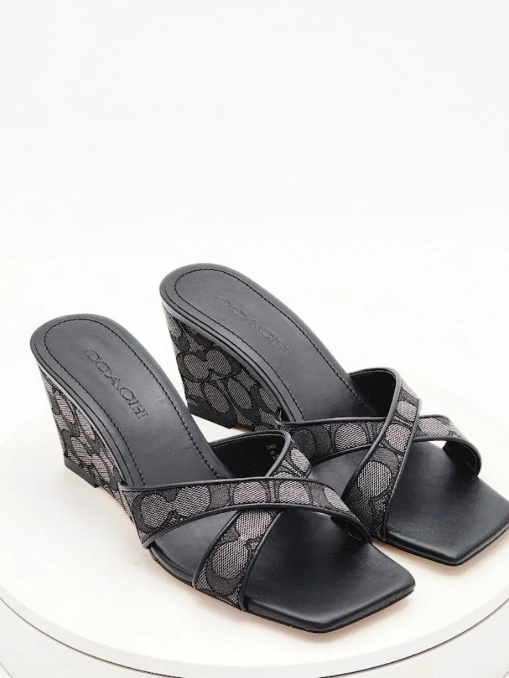 Coach Signature C Black Gray Wedge Slide Sandals Women’s Size 9.5 B NEW